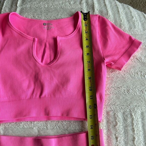 LNSK Pink Workout Outfit Seamless Ribbed Running Yoga Two‎ Piece Crop Top Shorts - Picture 9 of 9